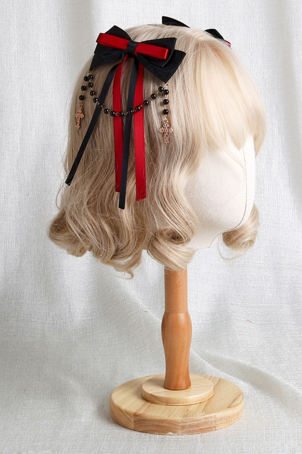 Dark Frilled Lolita Hairband + Flat Hat + Hat Clip + Ribbon Clip + Sleeve