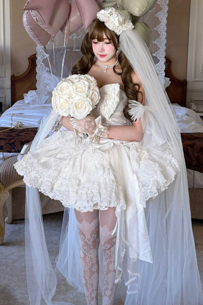 [Vorbestellung bis 4. April]Weißes Feder-Zeremonienkleid + Schal + Schwanz + Schleier + Schleife + Ärmel