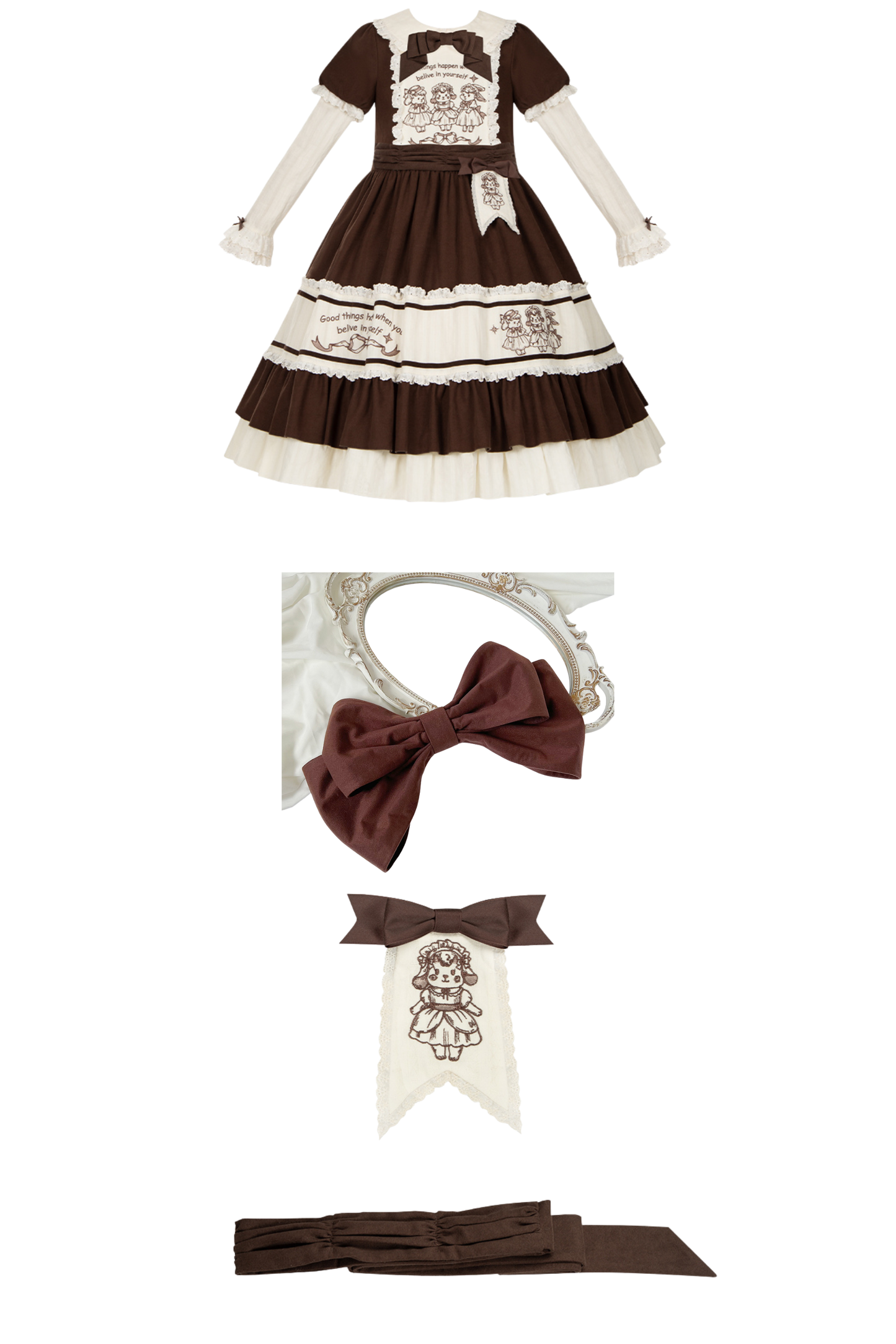 Doll Fairy Tale Lolita Dress + Ribbon Brooch + Belt + 2-way Embroidery Brooch