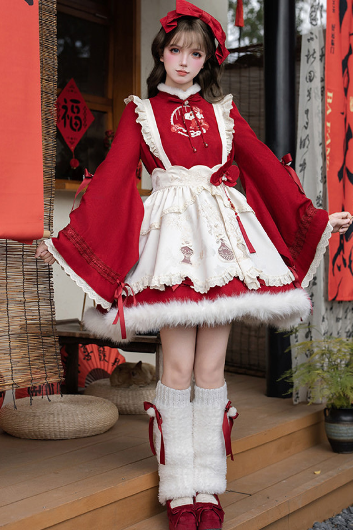 China Big Sleeve Dress + Apron + Skirt + Leg Warmers + Hairband + Clip + Pin