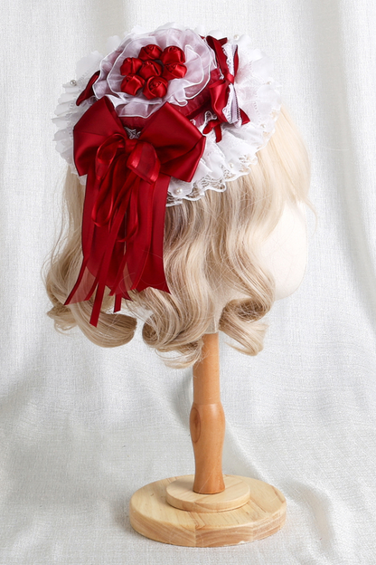 ローズレースロリータボンネット+ハット+ヘアバンド+クリップハット+クラウン