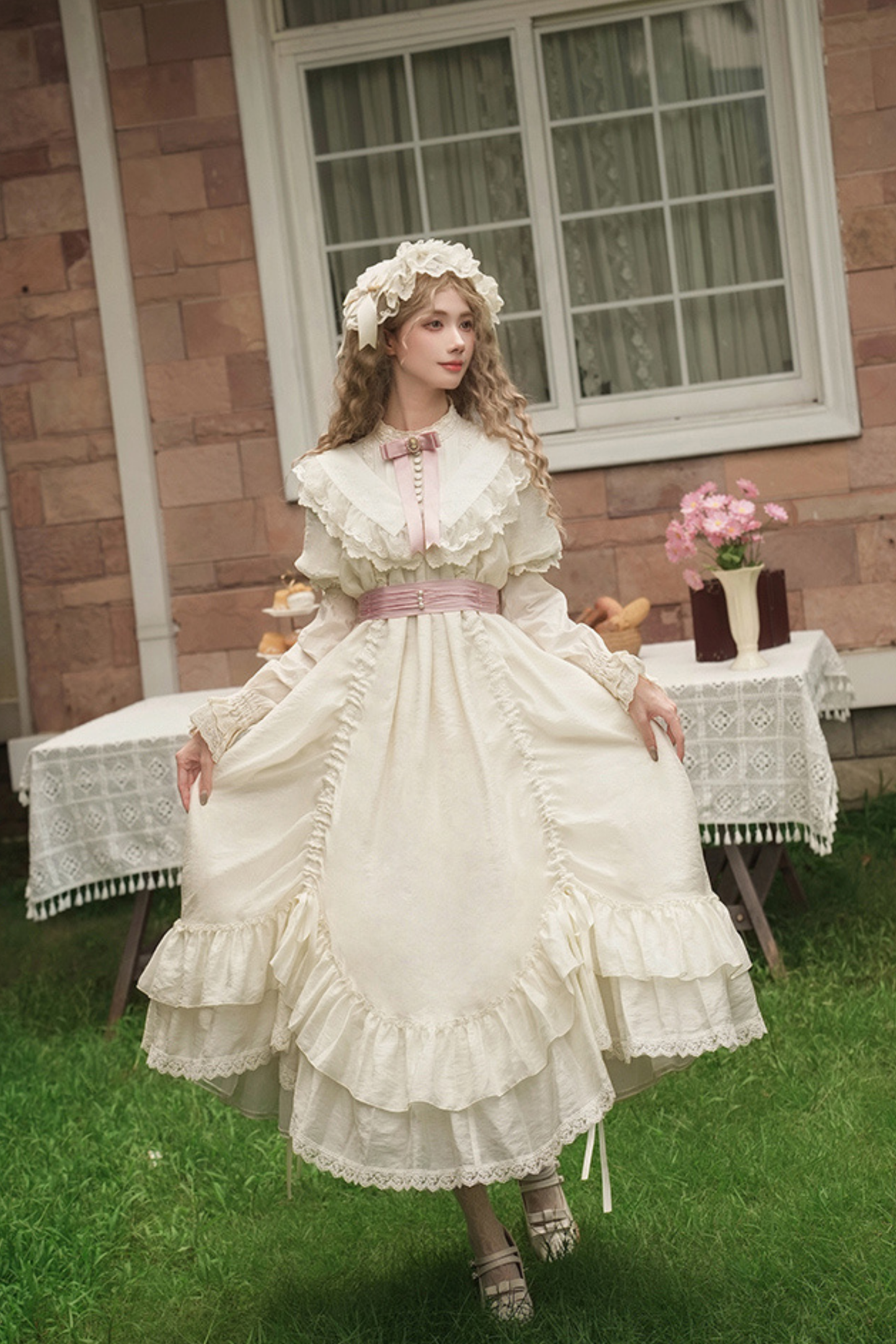 【予約商品】ローズフリルロリータドレス+ドレス＋ベルト＋ブローチ＋リボン＋ヘッドバンド＋スリーブ