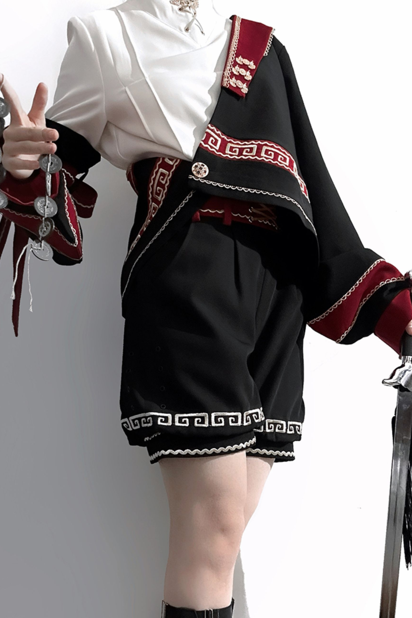 レトロスタンドカラーシャツ+ハーフパンツ+ジャケット