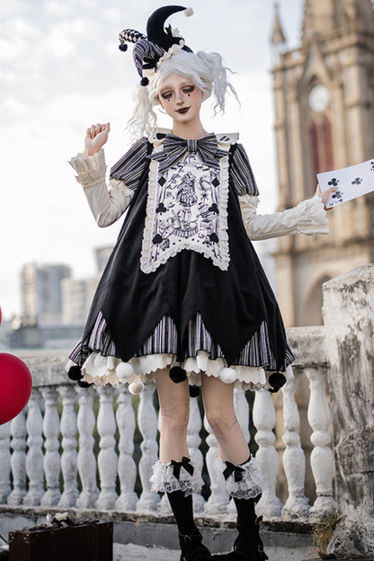 ドールサーカスピエロロリータドレス+カチューシャ+ベルト+リボン+カチューシャ+バッフル