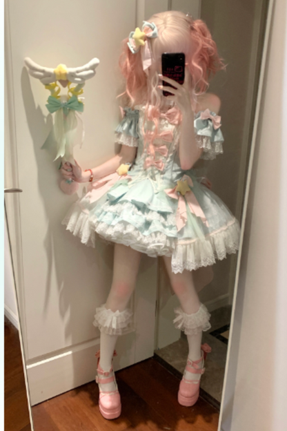 魔法妖精スパークリングウォーターロリータトップス+スカート+ヘアクリップ+テール+魔法ステッチ