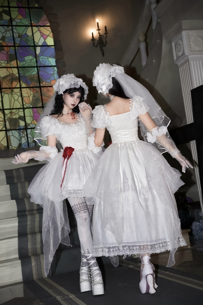 ゴシックツインズロリータドレス＋ハンドスリーブ＋ネックレス＋ヘッドバンド＋ベール＋コルセット＋取り外し可能カーテン＋コサージュ