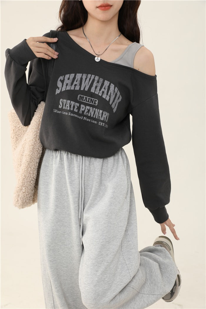 American Retro Off-Shoulder Short Sweatshirt