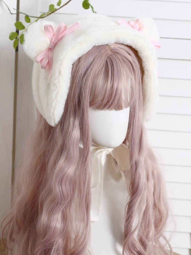 Lolita Brown Bear Check Ribbon Velvet Earmuff Hat