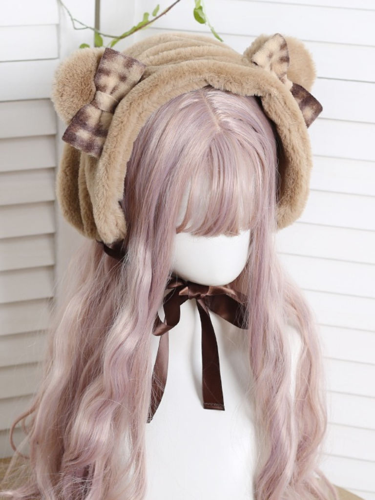 Lolita Brown Bear Check Ribbon Velvet Earmuff Hat