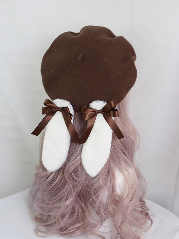 Fur Ribbon Colorful Bunny Beret
