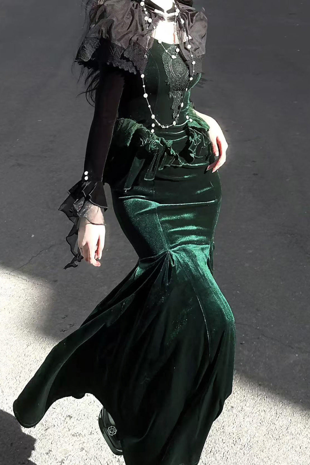 Dark Forest Lolita Elegant Fishtail Dress + Long Sleeve Short Cape