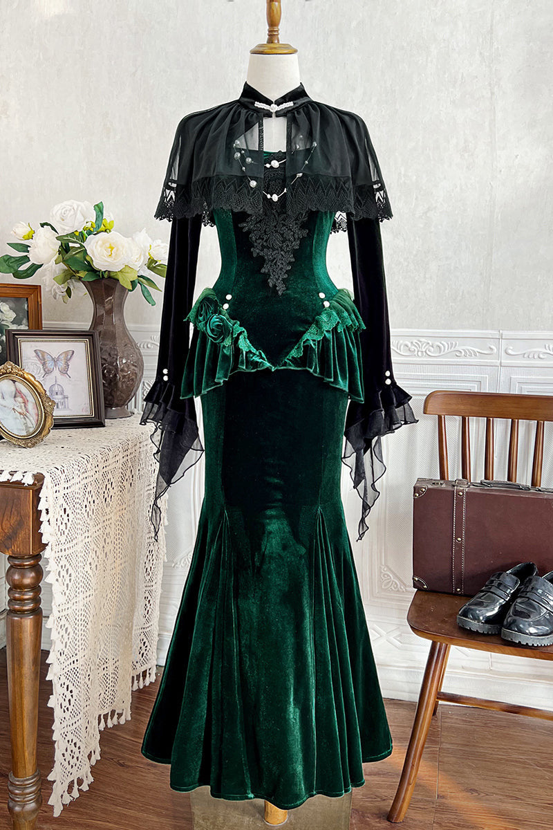 Dark Forest Lolita Elegant Fishtail Dress + Long Sleeve Short Cape