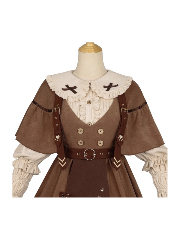 Cat detective skirt + ruffle blouse + belt + ear hat + shawl