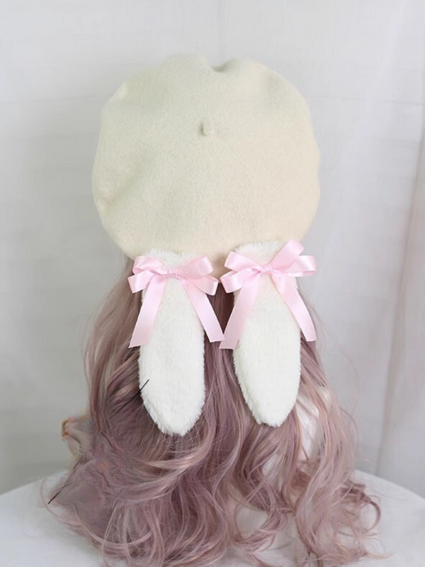Fur Ribbon Colorful Bunny Beret