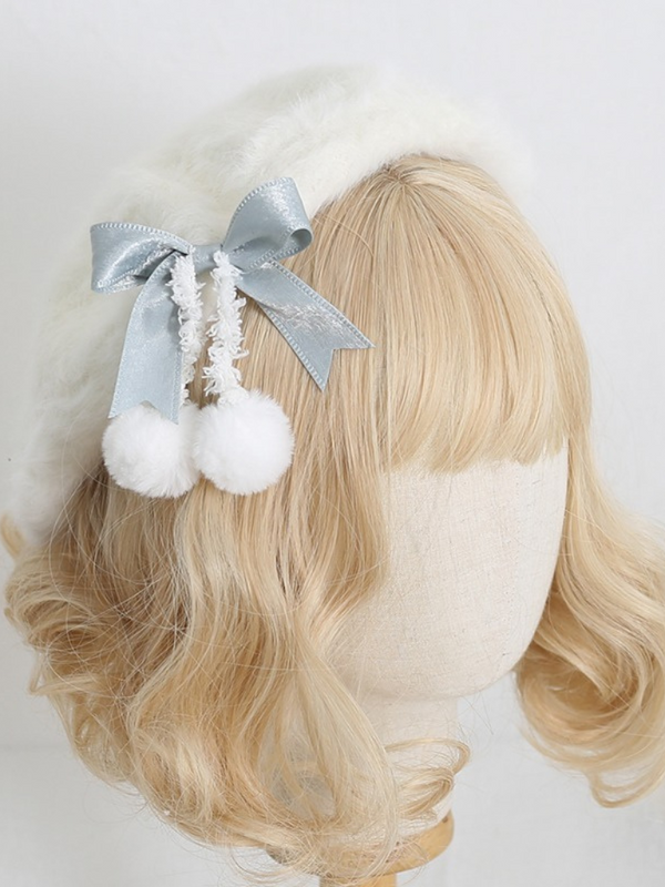Cream Fur Ribbon Pompom Beret
