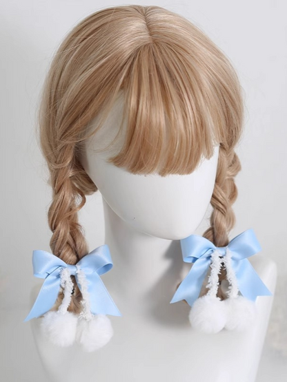 Sweet Ribbon Hairpin Double Pom Pom Hair Elastic