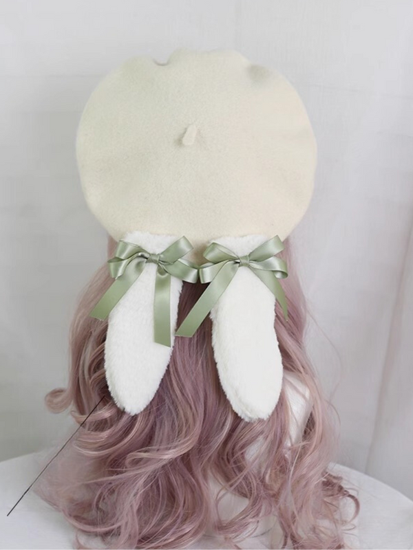 Fur Ribbon Colorful Bunny Beret