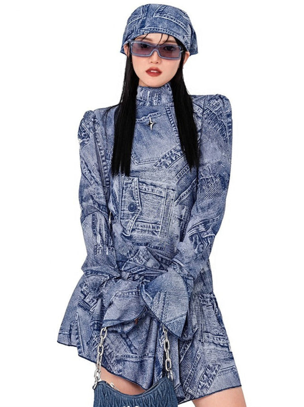 Denim Pudding Toilet Regular Wide Shoulder High Neck Dress