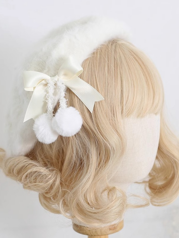 Cream Fur Ribbon Pompom Beret