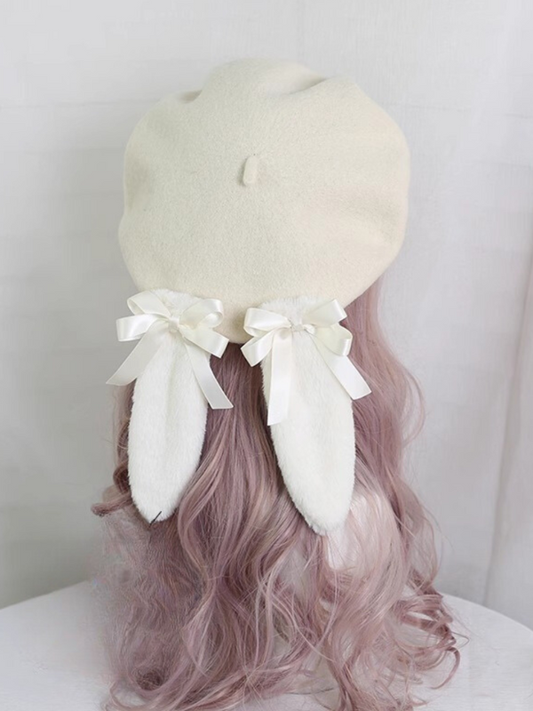 Fur Ribbon Colorful Bunny Beret