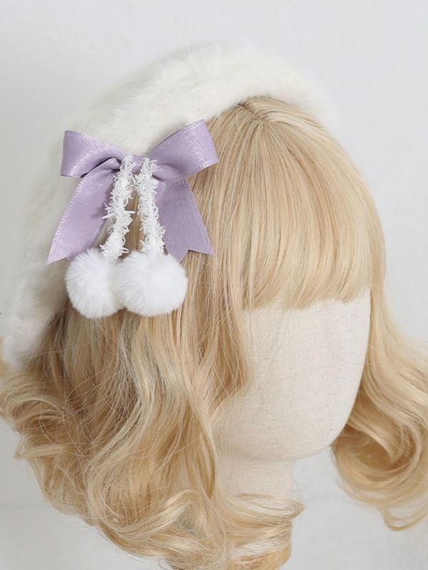 Cream Fur Ribbon Pompom Beret