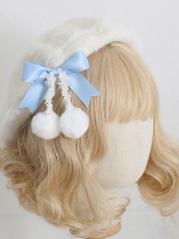 Cream Fur Ribbon Pompom Beret