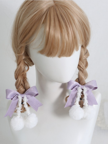 Sweet Ribbon Hairpin Double Pom Pom Hair Elastic