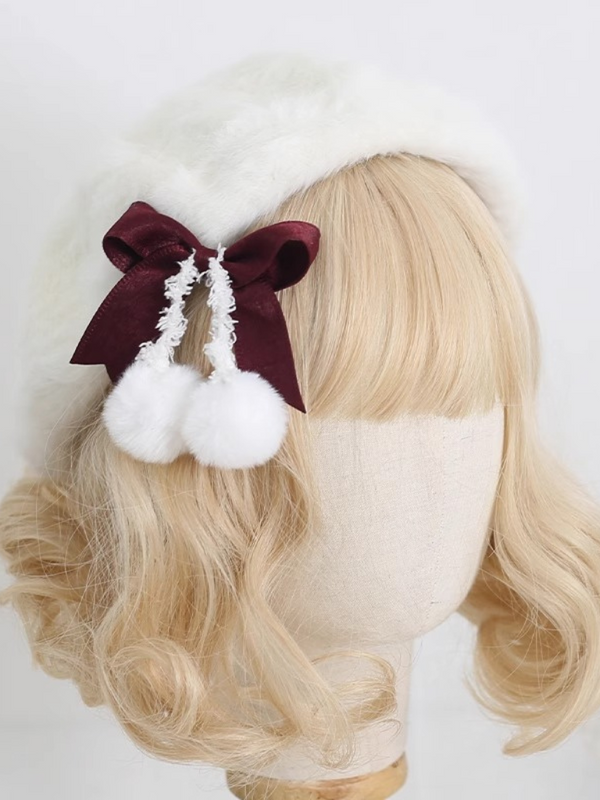 Cream Fur Ribbon Pompom Beret