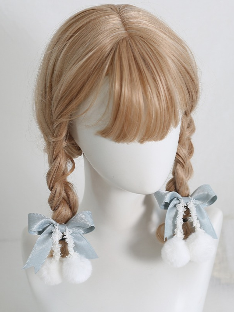 Sweet Ribbon Hairpin Double Pom Pom Hair Elastic