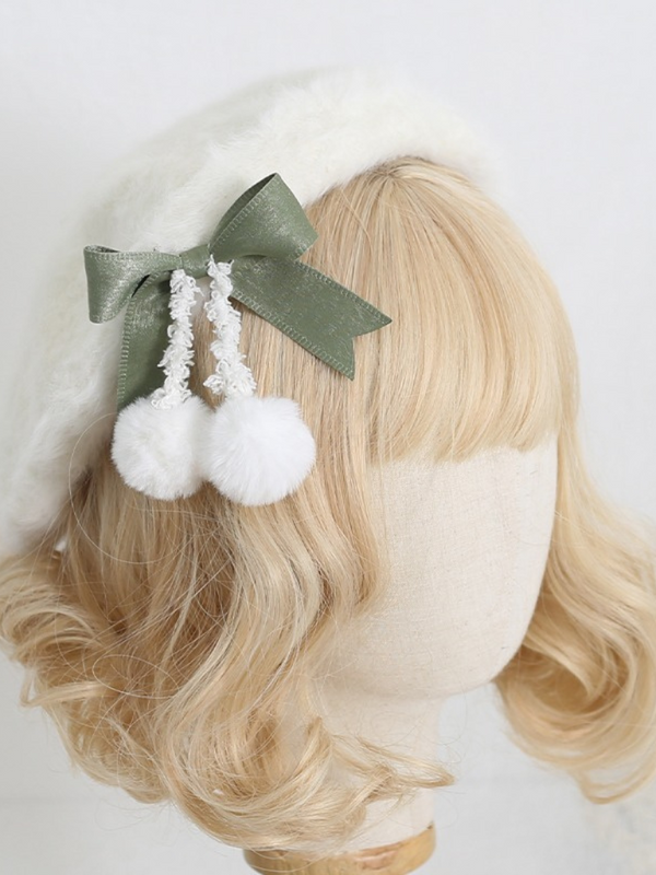 Cream Fur Ribbon Pompom Beret