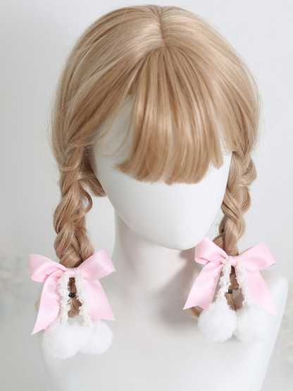 Sweet Ribbon Hairpin Double Pom Pom Hair Elastic