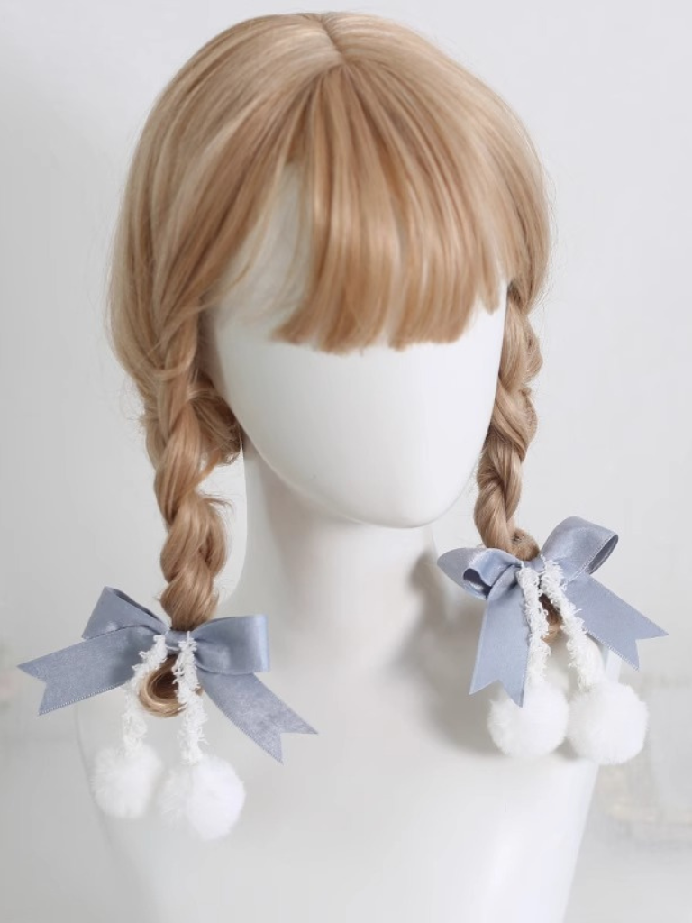 Sweet Ribbon Hairpin Double Pom Pom Hair Elastic