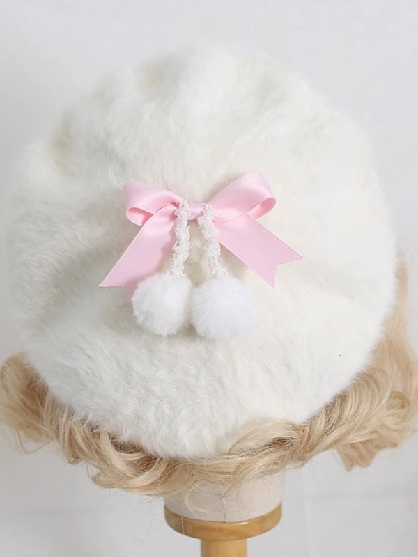 Cream Fur Ribbon Pompom Beret