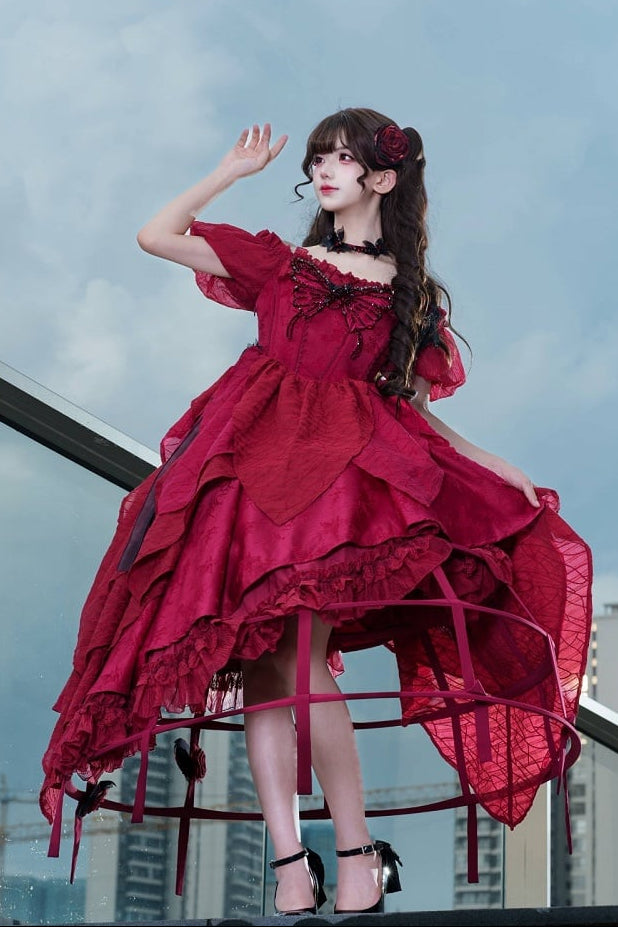 【10月28日予約締切】Red Butterfly Gothic Lolita Puff Sleeve Dress Top + Layered Ruffle Asymmetrical Hem Skirt Set (With Chest Brooch + Waist Brooch)