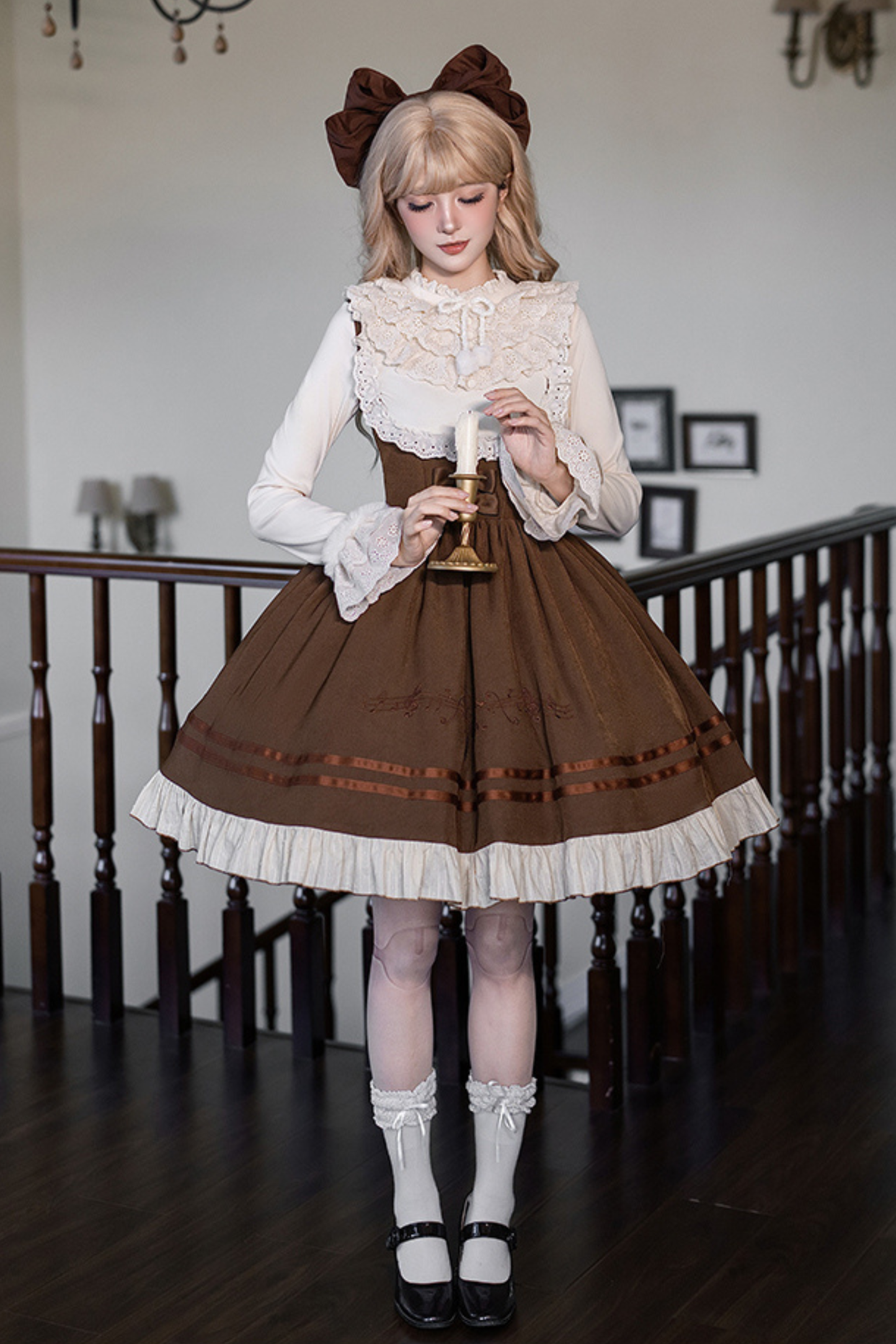 ツインフリルドールジャンパースカート+トップス+リボン+ハット