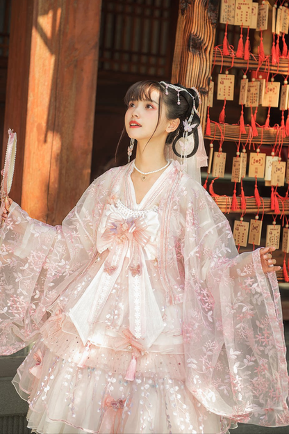 사쿠라 스위트 차이나 로리타 셔츠 + 목걸이 + 리본 + 베일 + 클립