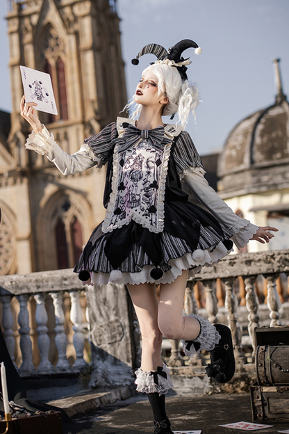 ドールサーカスピエロロリータドレス+カチューシャ+ベルト+リボン+カチューシャ+バッフル