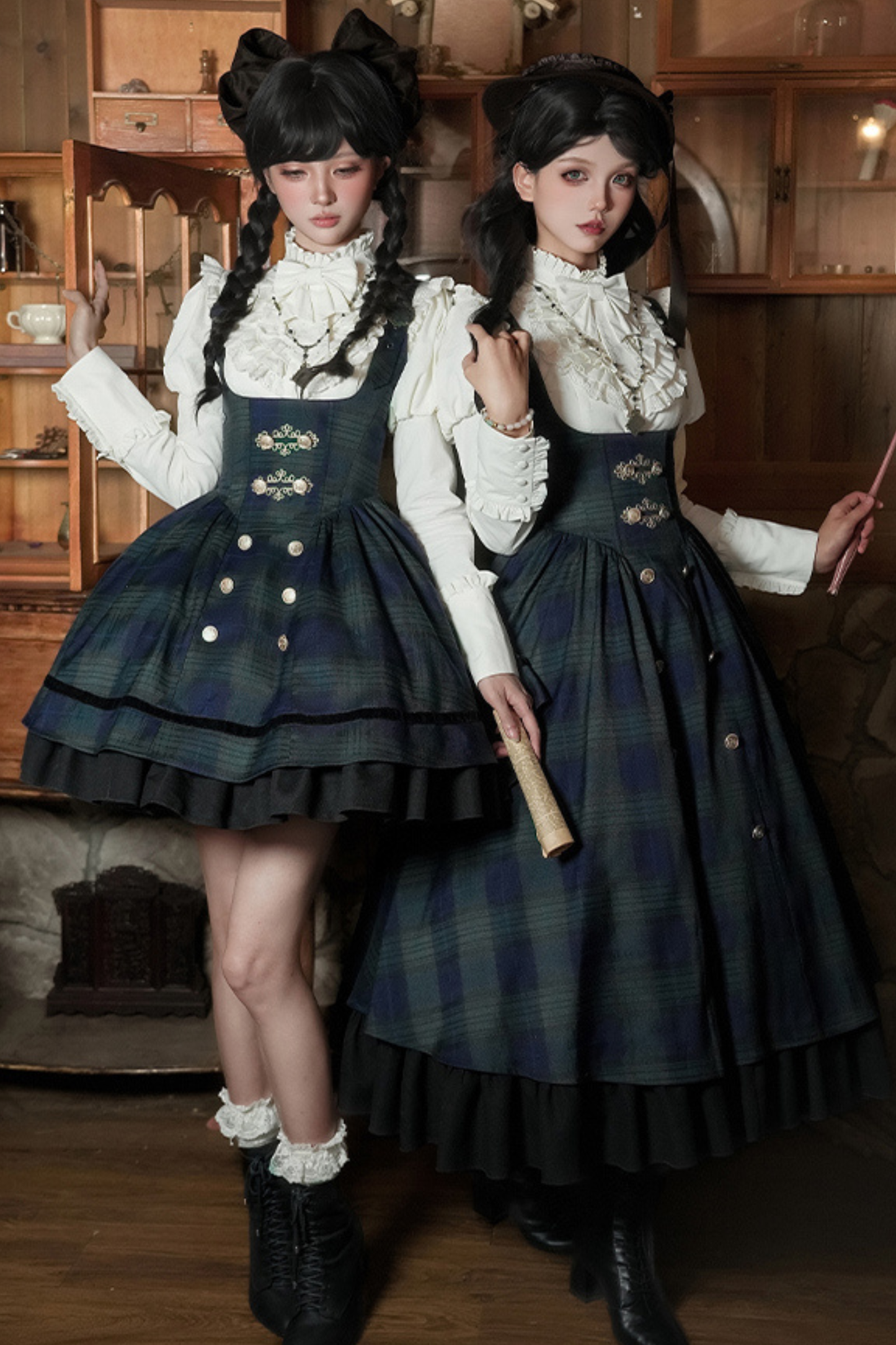 レトロカレッジスタイルチェックロリータスカート＋ジャケット＋マント＋ブラウス＋リボン＋ネックレス