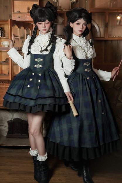 レトロカレッジスタイルチェックロリータスカート＋ジャケット＋マント＋ブラウス＋リボン＋ネックレス