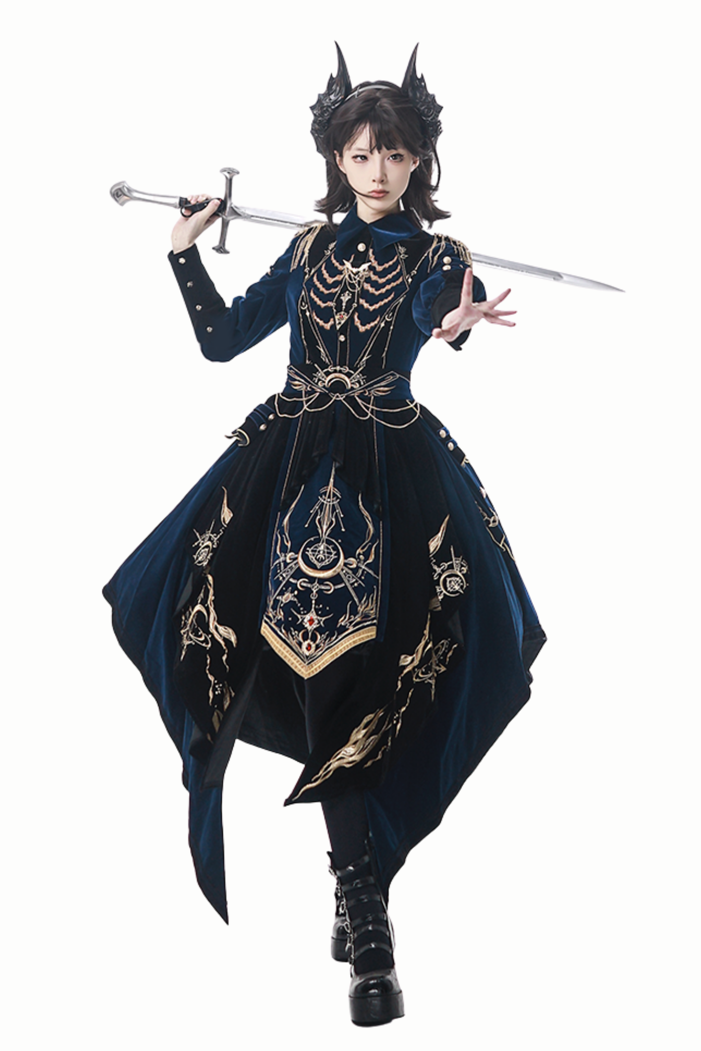 [Deadline for pre-order on November 16th] Holy army blue black embroidered military cape dress complete set + dress set