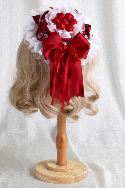 ローズレースロリータボンネット+ハット+ヘアバンド+クリップハット+クラウン