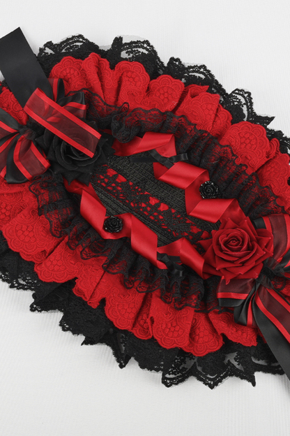 Dark Frilled Lolita Hairband + Flat Hat + Hat Clip + Ribbon Clip + Sleeve