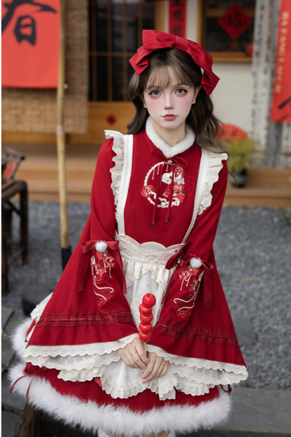 China Big Sleeve Dress + Apron + Skirt + Leg Warmers + Hairband + Clip + Pin