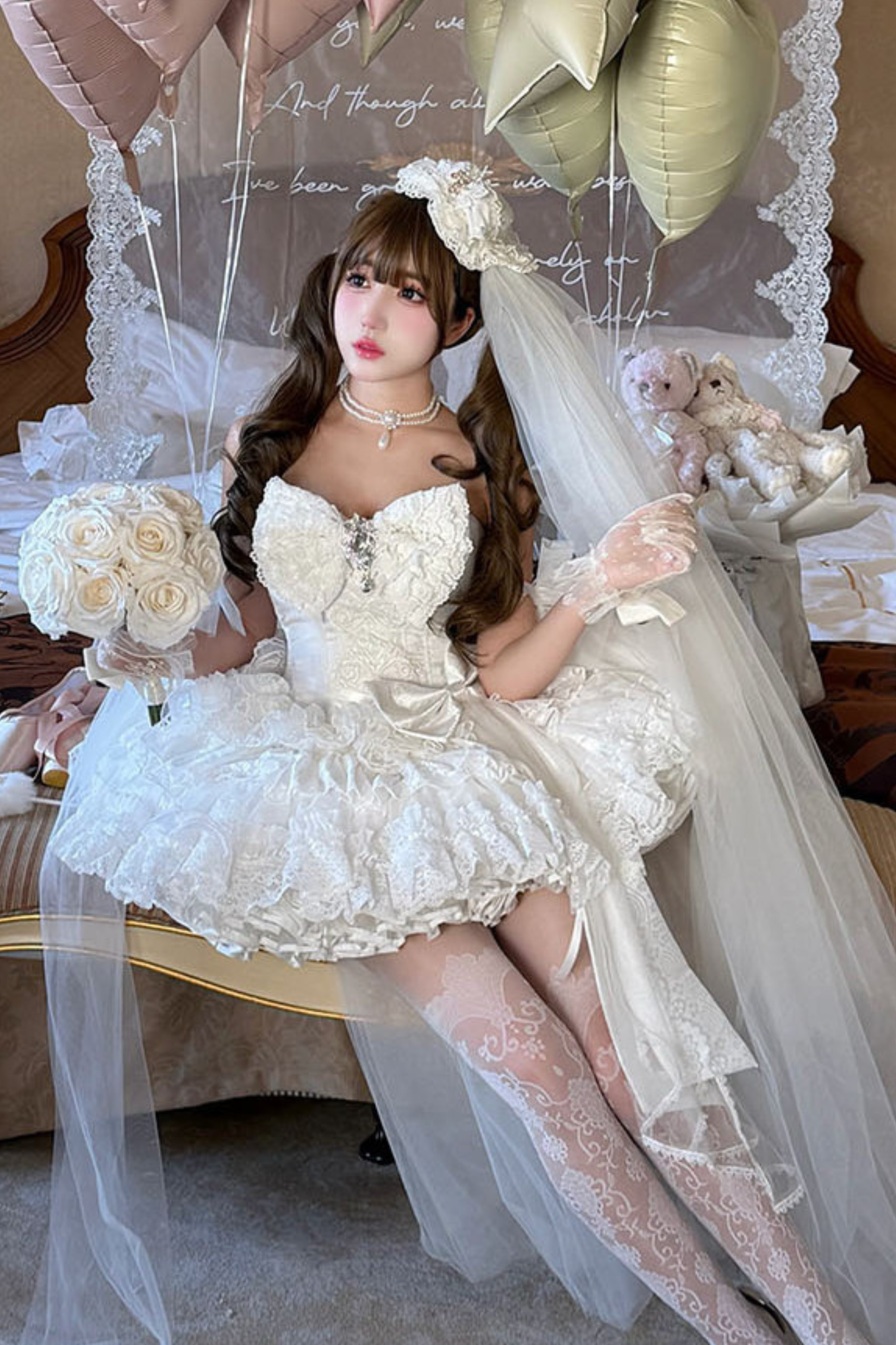 [Vorbestellung bis 4. April]Weißes Feder-Zeremonienkleid + Schal + Schwanz + Schleier + Schleife + Ärmel