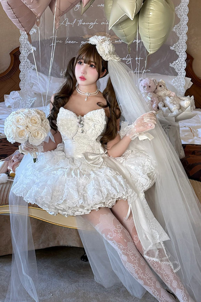 [Vorbestellung bis 4. April]Weißes Feder-Zeremonienkleid + Schal + Schwanz + Schleier + Schleife + Ärmel