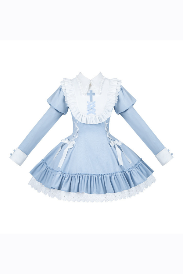 Lace-up ribbon Lolita dress + brooch + hair clip