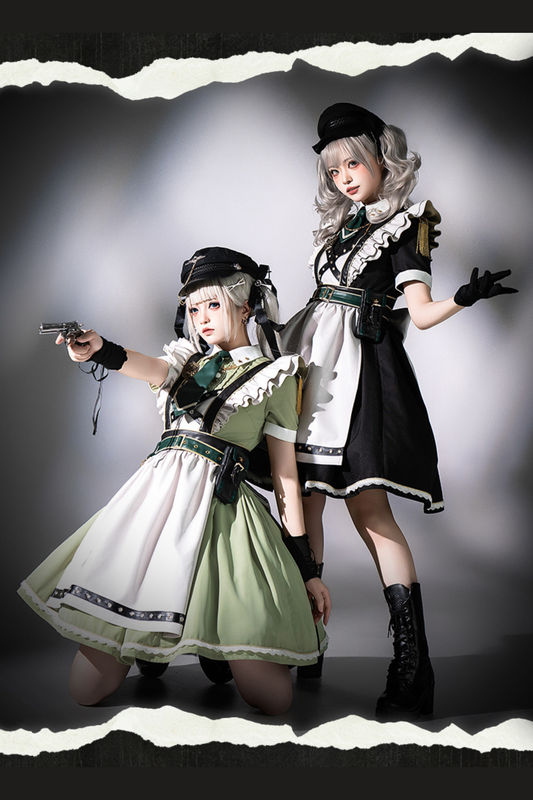 Schwarz-grünes Militär-Maid-Lolita-Kleid Komplettset