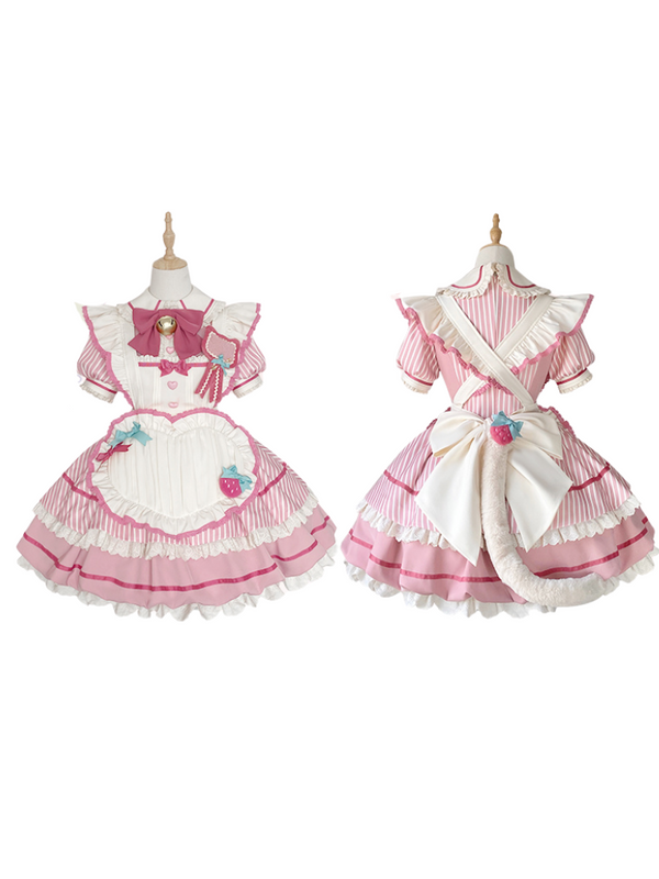 サクラピンクガーリーバブルロリータドレス+エプロン+ハット+カチューシャ+テール+レッグウォーマー+レッグスリープ