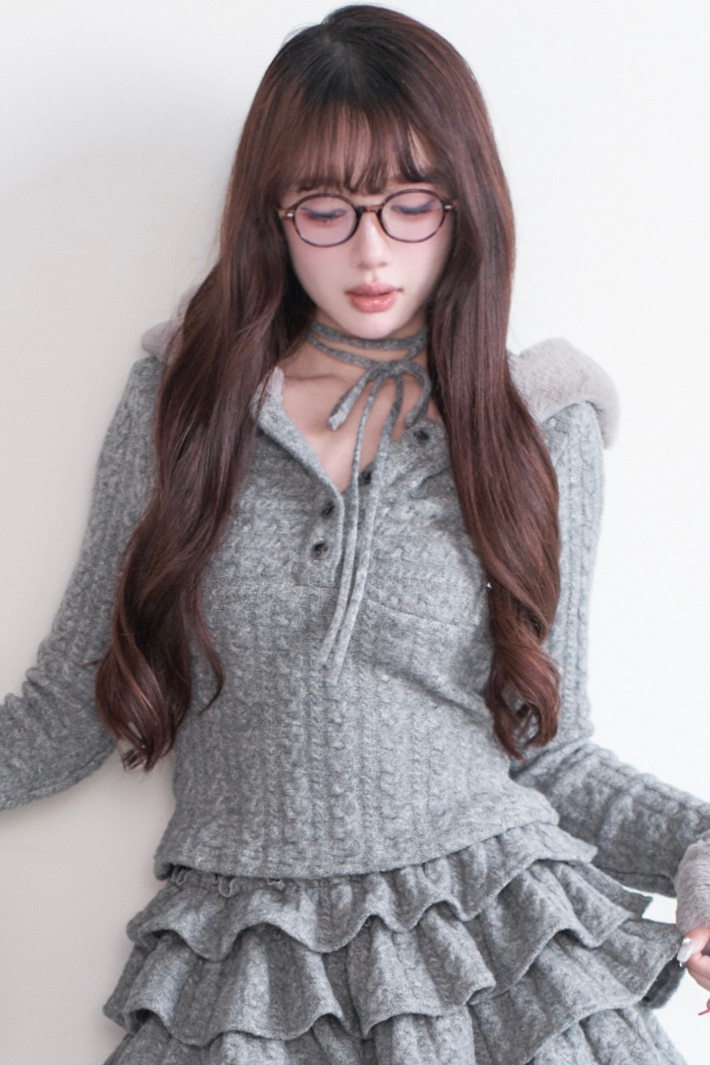 ケーブルニットトップス+ティアードスカート