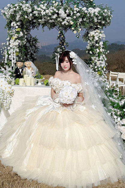 [예약상품] 4월 4일 예약마감]애프리콧 웨딩 로리타 원피스+숄+소매+리본 테일+베일